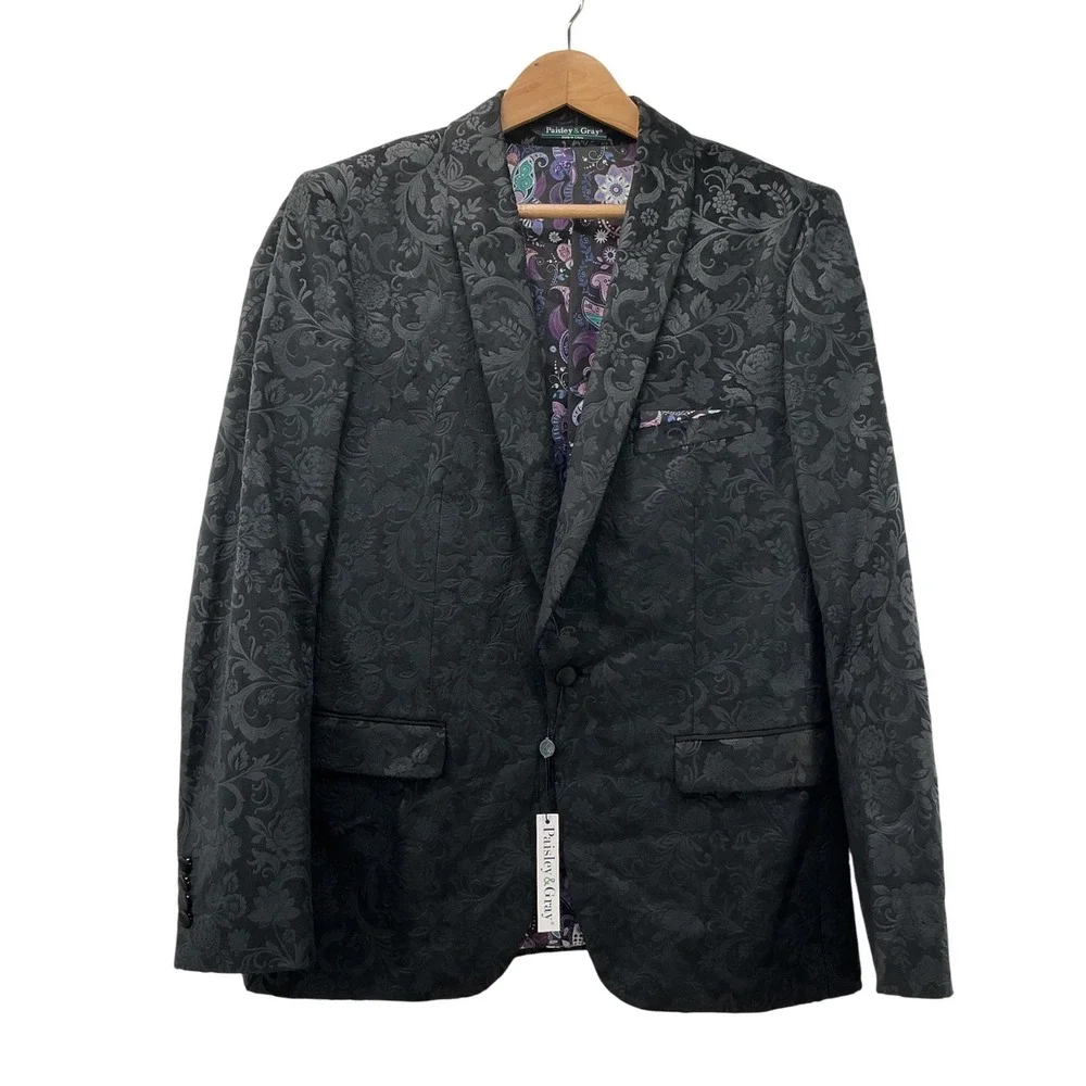 Paisley & Gray Slim Fit Black Floral Velvet Jacquard Blazer Jacket 42R NWT